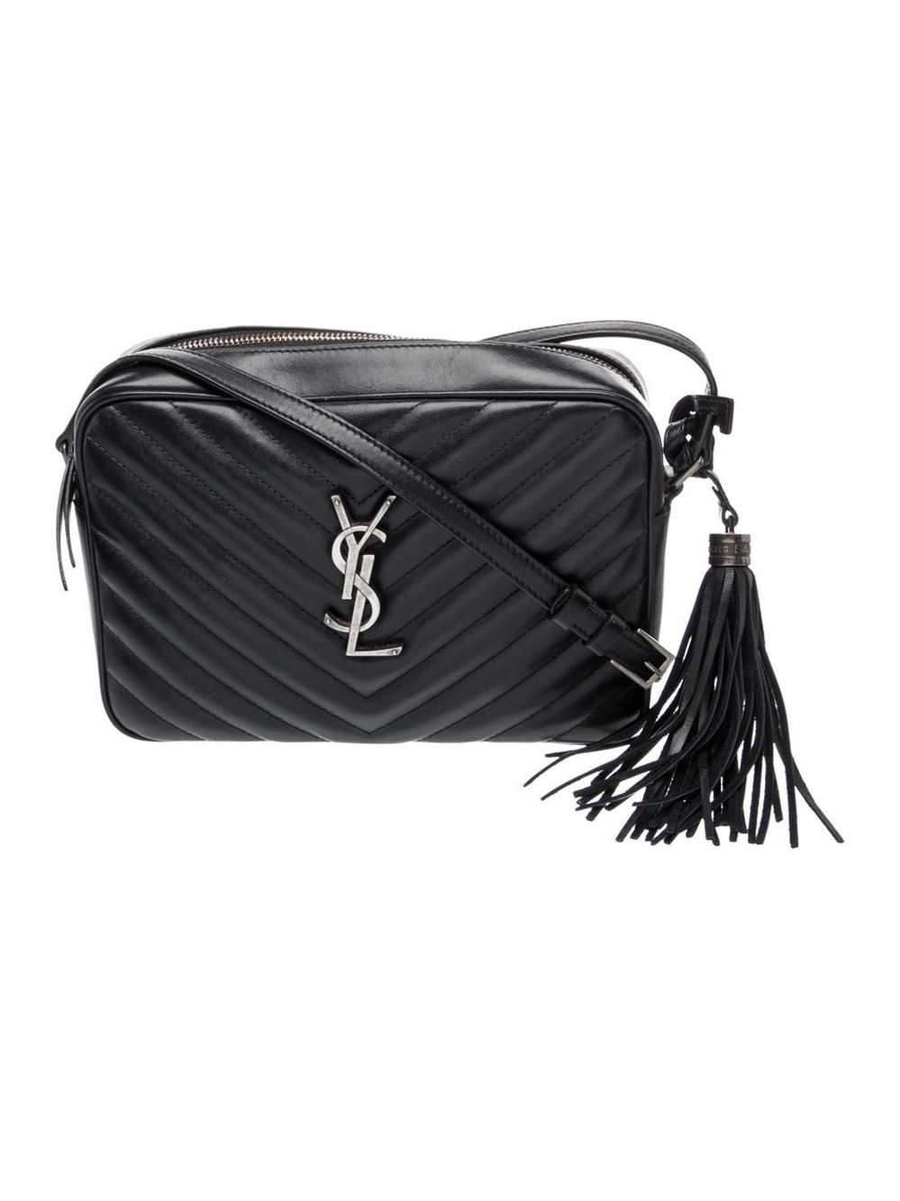 Saint Laurent Black Chevron Quilted Leather Crossbody Bag with Tassel silverlogo - Picture 6 of 16